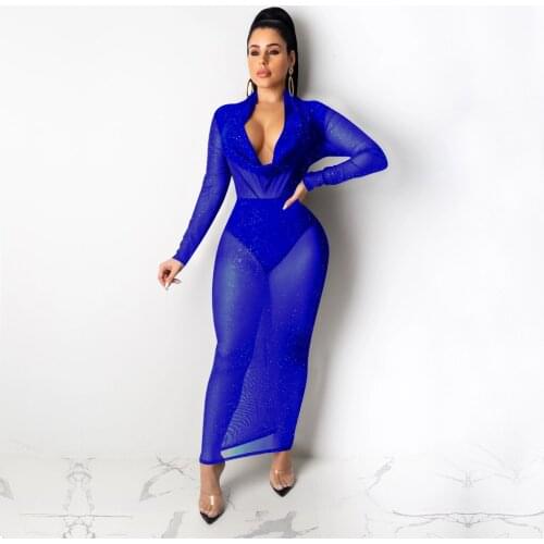 Bronzing Gold Sheer Mesh Sequin Spliced Dress Woman Draped Low Neck Full Sleeve Party Dresses Elegant See Through Club Vestido