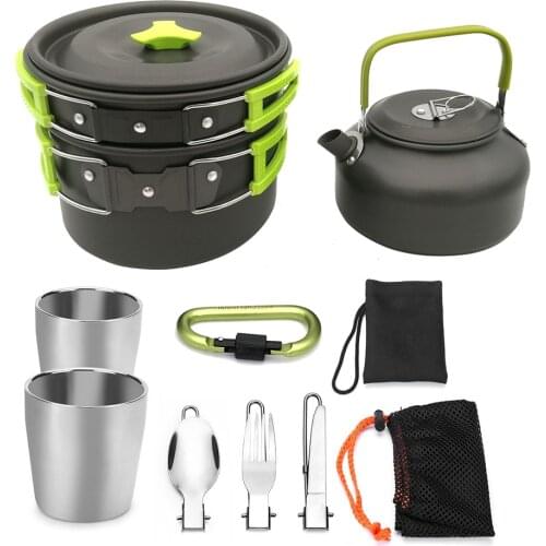 1set Utensils Camping Cookware Teapot Set Tableware for Camping Portable Aluminum Alloy Outdoor Picnic Kettle Pot Frying Pan