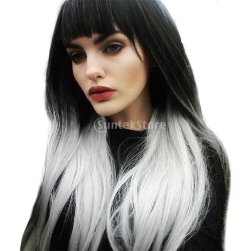 26 Inch Long Straight Synthetic Two Tone Full Wigs with Flat Bangs + Net Cap