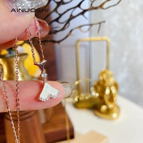 AINUOSHI 925 Sterling Silver Shell Skirt Pendant Necklace Zircon White Rose Gold Chain Necklace Elegant High Quality Jewelry