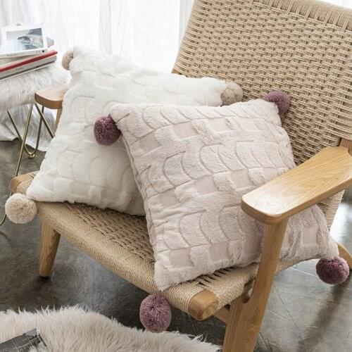White Khaki Brown Pillow Cover With Pompom Super Soft Plush Fur Decorative Cushion Cover Home Decor Throw Pillow Case 45x45cm