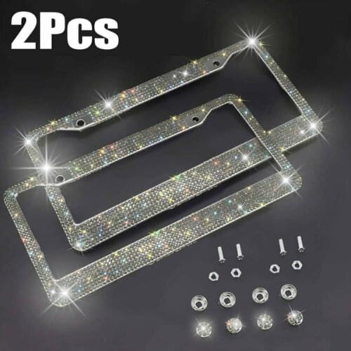 Bling Metal License Plate Frame Tag Glitter Crystal Diamond Sparkling Rhinestone 2PCS