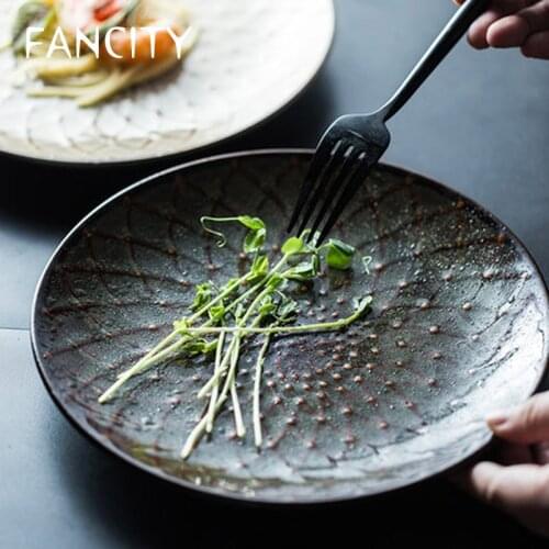 FANCITY Retro Green Creative Ceramic Plate Dinner Plate Salad Plate Steak Plate Western Food Plate Embossed Dinner Plate