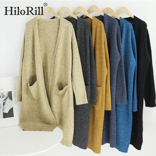 HiloRill Casual Solid Women Long Cardigans With Pockets 2021 Knitted V Neck Elegant Sweater Autumn Long Sleeve Cardigan Coat
