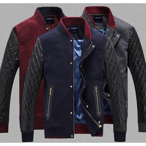 Autumn Winter New Men Coat Fashion Short Slim Business Casual Stand Collar Splicing Sleeve PU Leather Jacket Man Tops OUTERWEAR