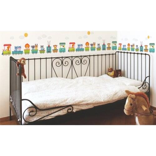 Cute Animals Driving Train Wall Stickers For Kids Room Decoration Nursery Mural Art Decals Monkey Lion Rabbit Home Decoration