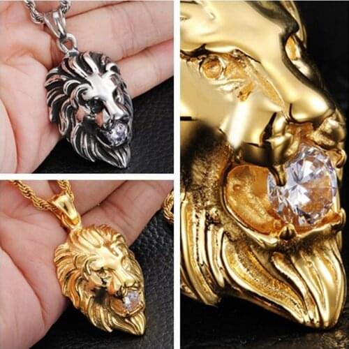 Gold or Silver Color Stainless Steel Fashion New Mens Boys Lion Pendant Necklace White Stone