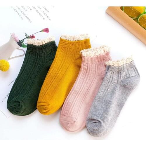 4 Pairs Lace Frilly Ruffle Socks Kawaii Cute Korean Style Women Cotton Woman Breathable Spring Summer Short Casual Ankle Sock