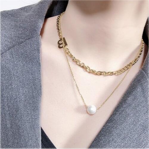 New Fashion Multilayer Stainless Steel Artificial Pearl Letter Women Gold Silver Color Hexagram Double Chain Choker Necklaces