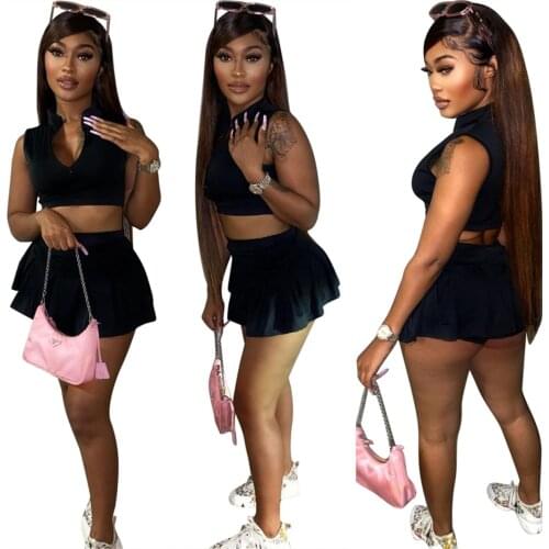 2021 Summer New Style Sexy Fashion Round Neck Casual Boxer Skirt Two-Piece Suit