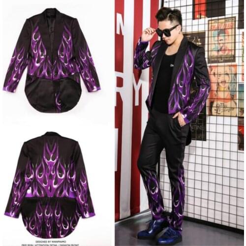 New Magician purple flame costume Men tuxedo Suits personality trend host suit nightclub DJ male singer stage tide jackets
