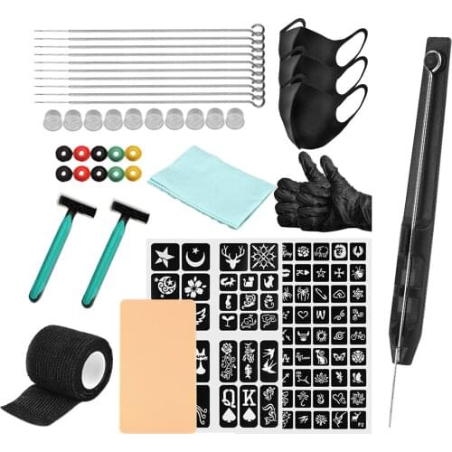 Tattoo Kit 3RL 5RL 7RL 9RL Blank Tattoo Skin Practice 2x Tattoo Stencil DIY Tattoo Supply Ink Gloves Ink box Tattoo Needles Set