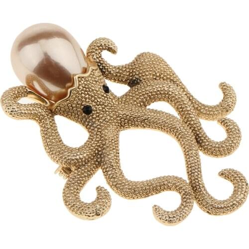 Tone Vintage Octopus Animal Pendant Brooch Pin Simulated Pearl Gold