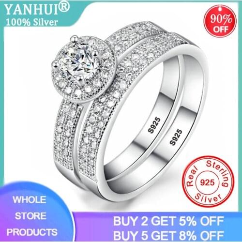YANHUI 2pcs/set 100% Original 925 Solid Silver Rings Sets for Women 0.5ct Cubic Zircon Engagement Wedding Band Rings Woman Gift