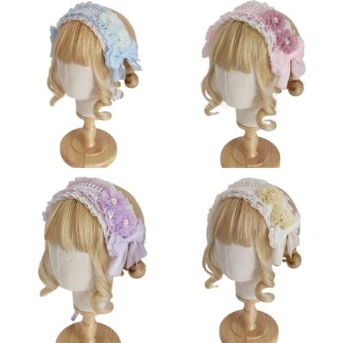 094B Women Mesh Multilayered Lace Headdress with Bowknot Lovely Lace Flower Headband Anime Cosplay Novelty Hair Hoop Props