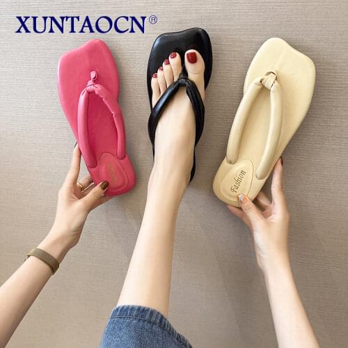 2021 Summer Womens Beige Leather Square Toe Outdoor Slippers Street Fashion Flip Flops Ladies Platform Low Heeled Shoes 35-40