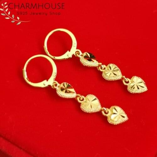 Charmhouse 24K Yellow Gold Color Earrings For Women 3 Hearts Long Tassel Earing Brincos Pendientes High Quality Wedding Jewelry