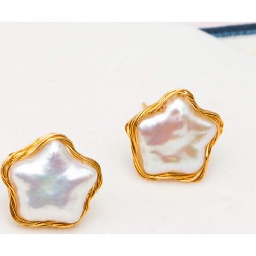 Sinya Natural baroque pearls stud earrings for women Ladies Mother Stars design Jewelry