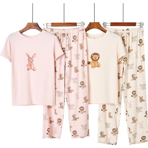 2021 spring summer sweet cartoon print pajama sets women o-neck short sleeve tees + belt elastic waist pants Loungewear 2 pcs