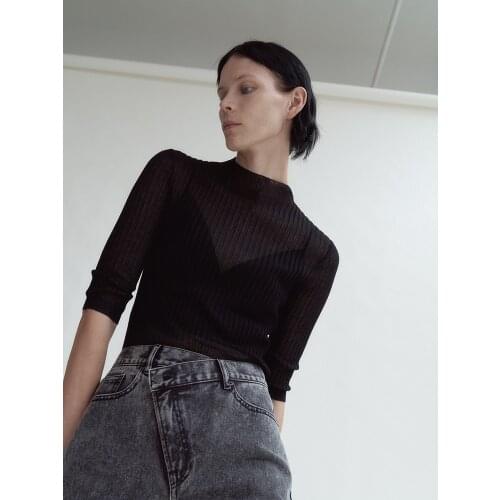 Fall Winter 2021 Collection New Arrivals See Through Black Half Sleeve Knitted Top Women