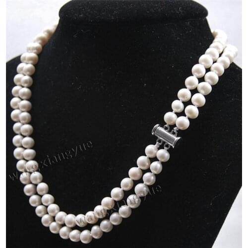 2row 7-8mm Natural Black & White Akoya Cultured Pearl Fashion Jewelry Necklace