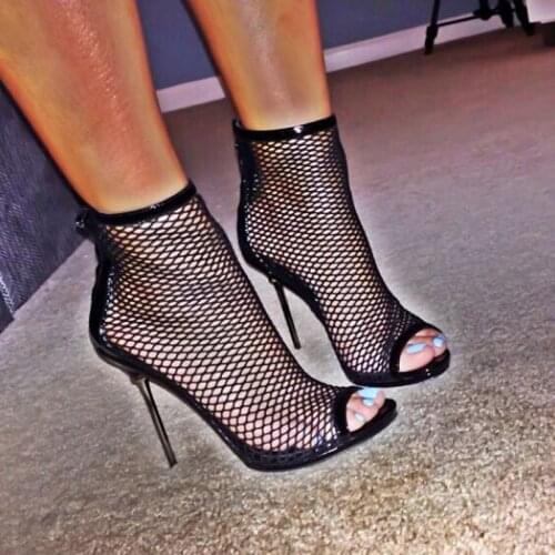 2017 Sexy Black Shiny Leather Mesh Peep toe Ankle Boots Metal High Heels Women Fishnet Sandals Bottines Summer Boots Shoes Woman