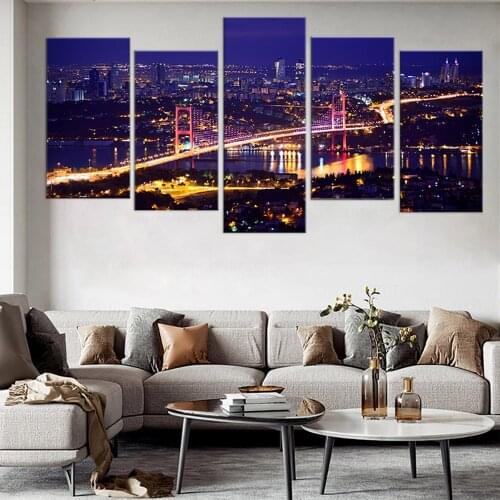 5 pieces Canvas Posters Aesthetic Beautiful Panorama Of Bosphorus Bridge Istanbul Turkey Night View Landscape Home Decor Picture