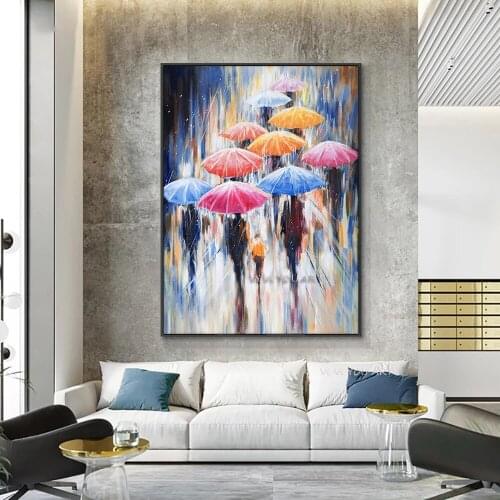 Abstract-People-Walking-In-The-Rain-With-Umbrellas-Painting-100-Handmade-Oil-Painting-On-Canvas-Modern