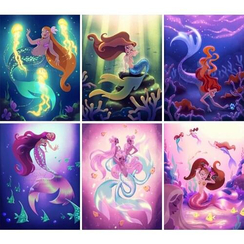 Diamond Painting Full Square Round Disney Mermaid Princess Ocean 5D DIY Fantasy Gift Embroidery Cross Stitch Mosaic Home Decor