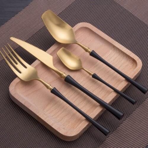 Black handle head gold forks knives spoons Stainless Steel Cutlery Set Gold Dinnerware Set Western Food Tableware