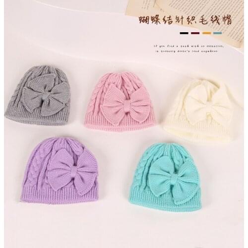 Pudcoco Kids Woolen Hat Unisex Solid Color Bowknot Knitted Cap Earmuffs Warm Hat For Fall Winter