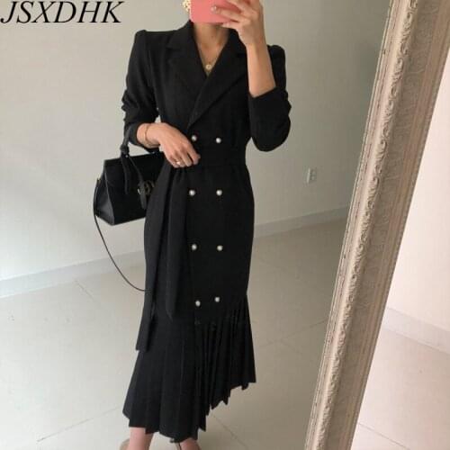 Elegant Autumn Notched Collar Office Ladies Dress Korean Chic Women Double-Breasted Lace Up Belt Black Work Pleated Long Dresses