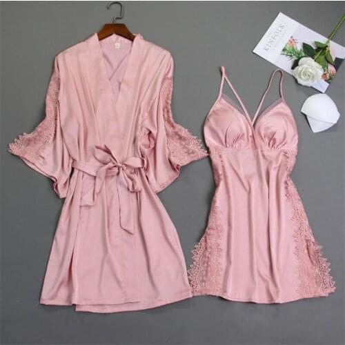 Spring Autumn Bathrobe Set 2 Pieces Solid Kimono Nightdress Lace Sleepwear Nightwear Women Sexy Satin Robe Gown Set