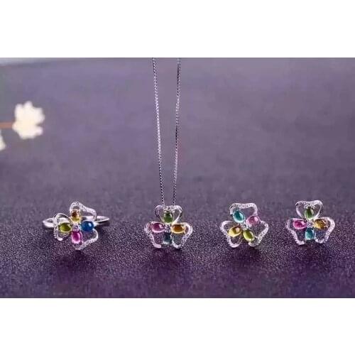 Natural multicolor tourmaline jewelry sets natural gemstone ring Pendant Earrings S925 silver Elegant Lucky Clover jewelry