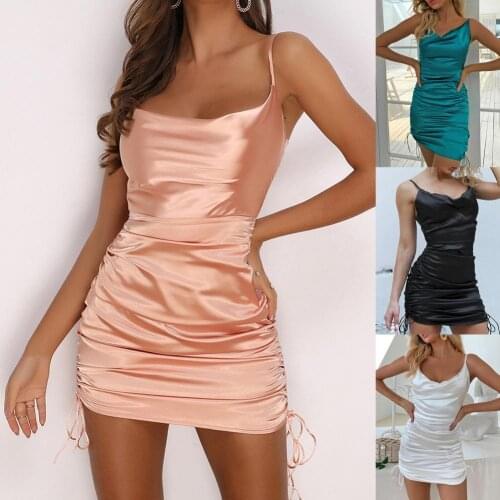 2021 Beautiful Sleeveless Backless Short Dress Comfortable Drawstring Low Cut Sling Dress Pleated Strap Dress for Dating