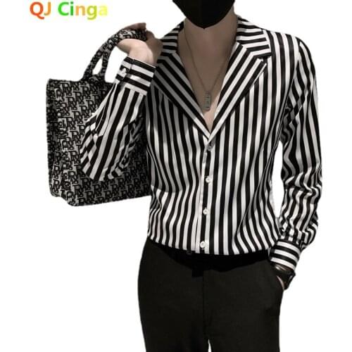 QJ CINGA Brand Black Striped Shirt Men Red Long Sleeved Single Breasted V-Neck Shirts Spring and Autumn New Man Camisa/Chemise