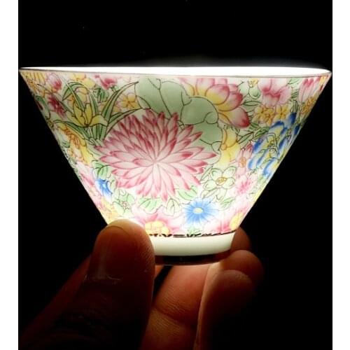 6 Pcs Chinese Antique Colour Enamels Kung Fu Tea Cup Set 3D Relief Decorative Pattern Flower Teabowl Tazas Copo Xicara Teacups