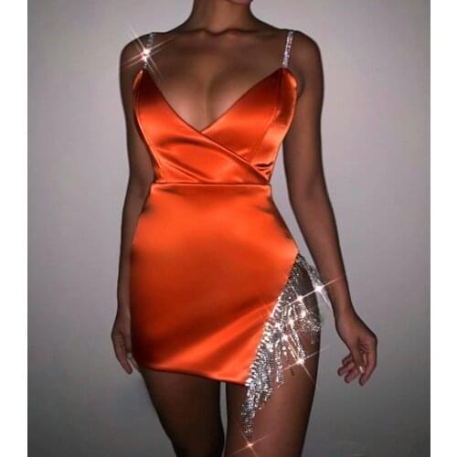 2021 spring and summer new nightclub fashion sexy sparkly tassel skirt satin diamond-studded suspender dress