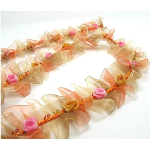 Pleated Trim|w Rococo Flower Trim|1 1/2 Inches Pleated Ombre Printed Chiffon Trim|Organza Chiffon Trim|Retro Handmade Supplies