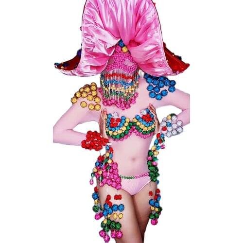 Plush Ball Embellished Long Sleeve Bodysuit One Piece Headgear Club Stage Clothing Ladies Performance Clothing Performance Suit
