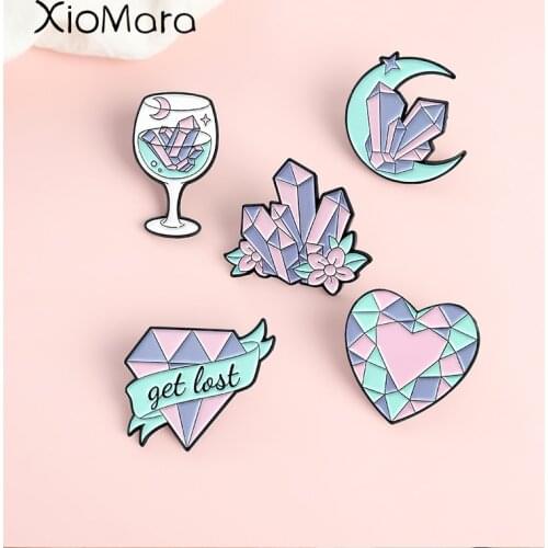 Pink Crystal Shape Enamel Pins Moon Heart Goblet Brooches Backpack Badges Accessories Gifts For Women Men Custom Jewely