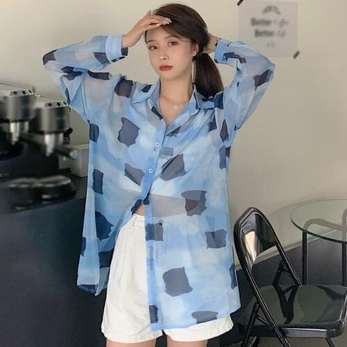 Spring Summer Female Square Pattern Shirt Full Sleeve Women Loose Thin Shirt Ladies Loose Tops