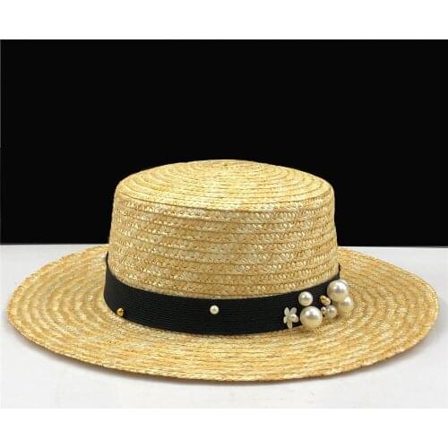 2019 flat pearl straw hat girls summer sun Hats For Women Beach boater hat ladies panama chapeau femme sun fedora