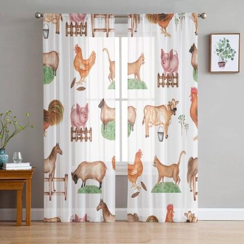 Country Style Farm Animal Cow Chicken Sheep Pig Sheer Curtains for Living Room Modern Bedroom Voile Tulle Curtain Window Drapes