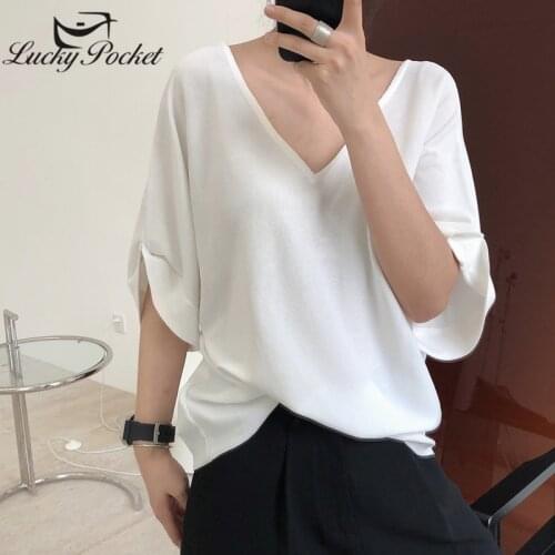 Women Summer Loose Knitted Short Sleeves T-Shirt Female Fashion New Casual Solid Color Tees Ladies Brand Elegant V-Neck Top M342