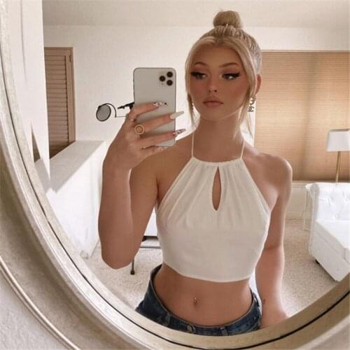 Women Halterneck Slim Halter Camisole Summer Casual Halter Top White Backless Solid Color Sexy Crop Top Clubwear