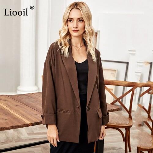 Brown Suit Coats Women 2020 Full Sleeve Single Button Turn-down Collar With Pockets Female Autumn Winter Office Lady Outwear
