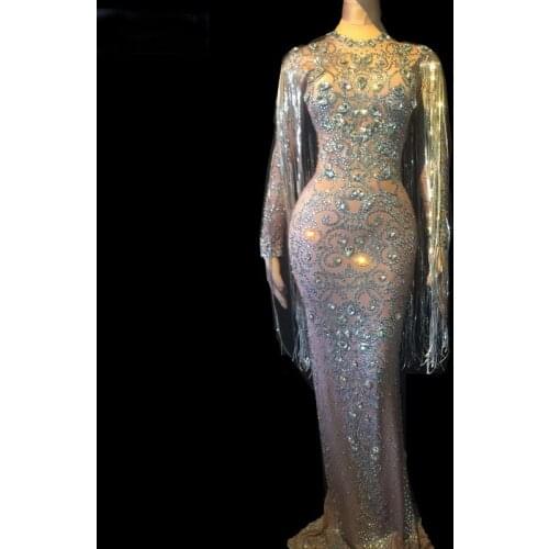 Woman Perspective Mesh Sparkly Crystals Long Dress Evening Party Rhinestones Dresses Birthday Celebrate Costume Fringes Dress