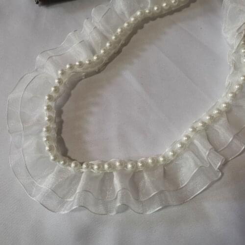 1Yards High Quality Bridal Appliques White Beaded Lace Fabric Guipure 3.5cm Ribbon Beaded Applique Lace For Wedding Dresses VG42