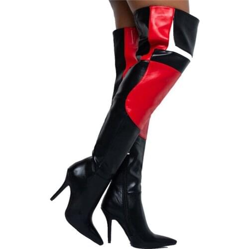 2020 Designer Patchwork Red Thigh High Boots Fashion High Heels Women Shoes Pu Leather Pointed Toe Black Over The Knee Boots 43